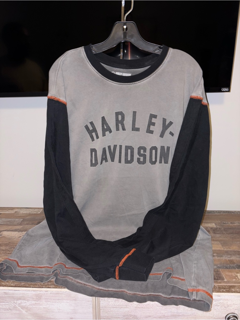 Harley-Davidson Gray Crewneck with Black Sleeves and Orange Stitching